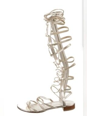 Stuart Weitzman Metallic Silver Gladiator Zip / Lace-Up Sandals Silver 7.5